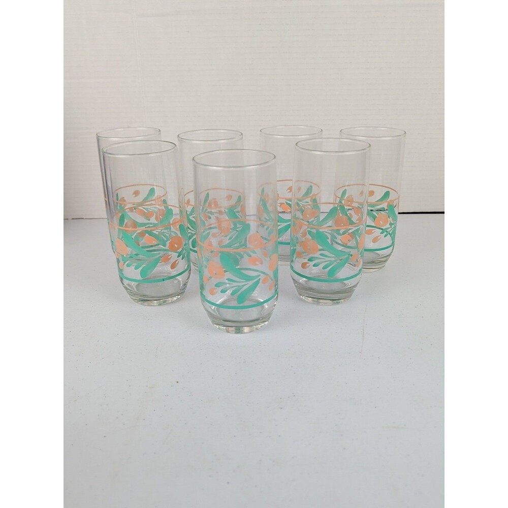 Libbey 17 Ounce  Ice Tea Glasses Clear with Teal And Peach Design MCM Set of 7